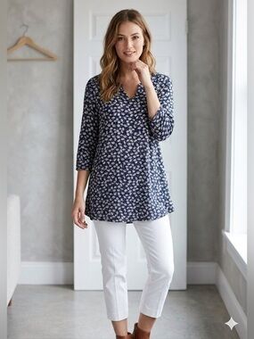 Komil Women’s Large Blue White Arsty Floral Tunic Top 100% Cotton Lagenlook L